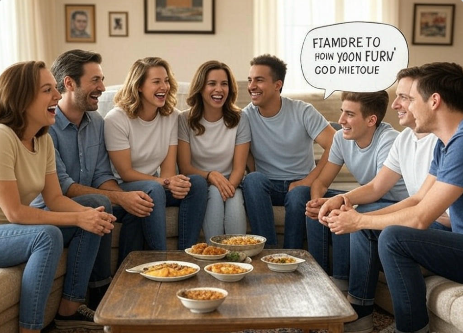 Friends laughing around food