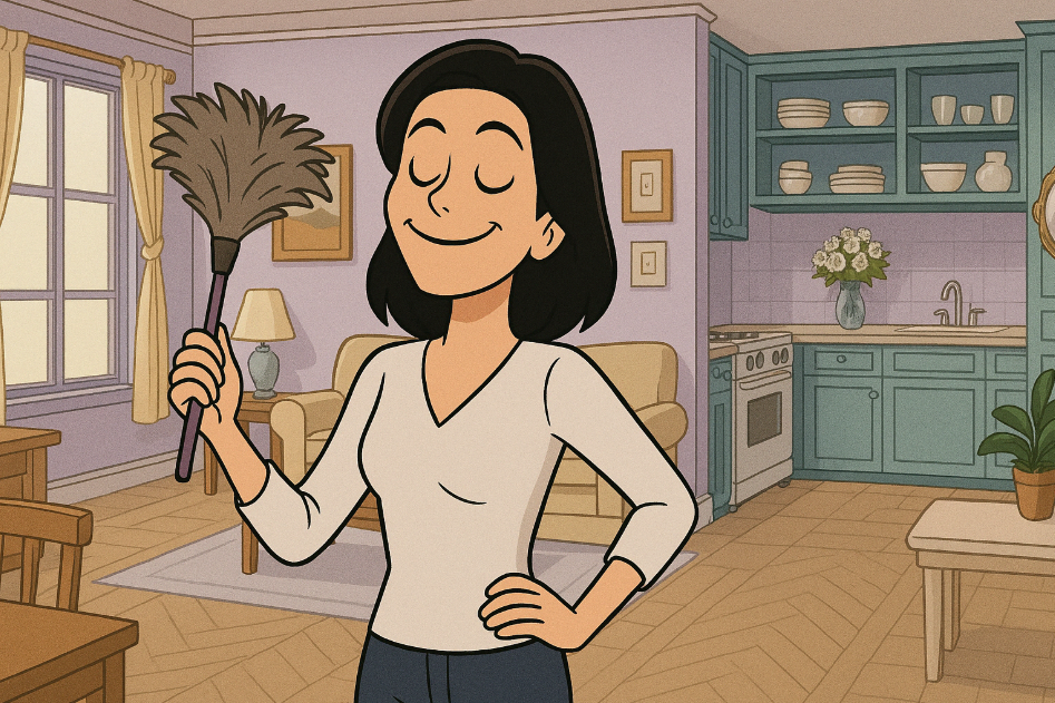 Cartoon woman dusting happily