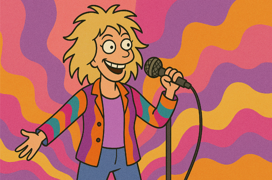 Cartoon singer holding microphone.