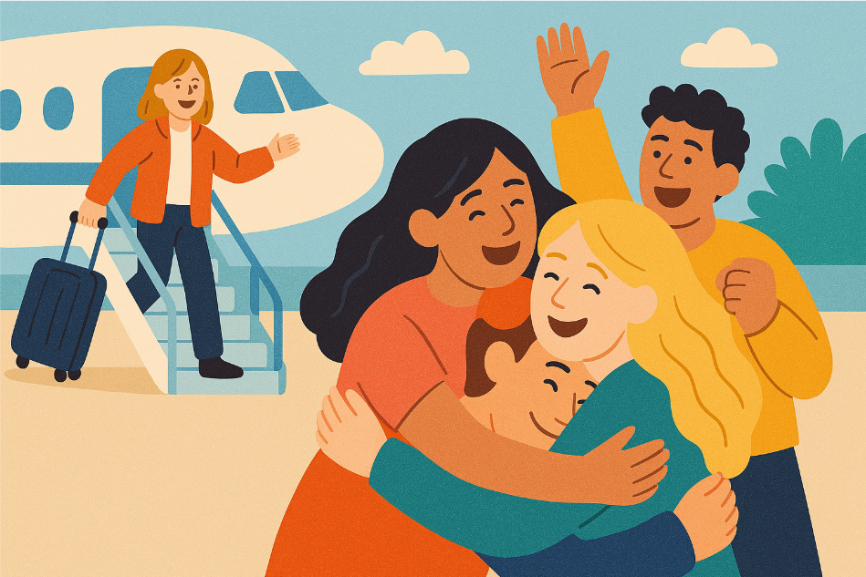 Happy airport family reunion