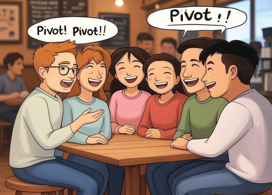 Cartoon group saying "Pivot!
