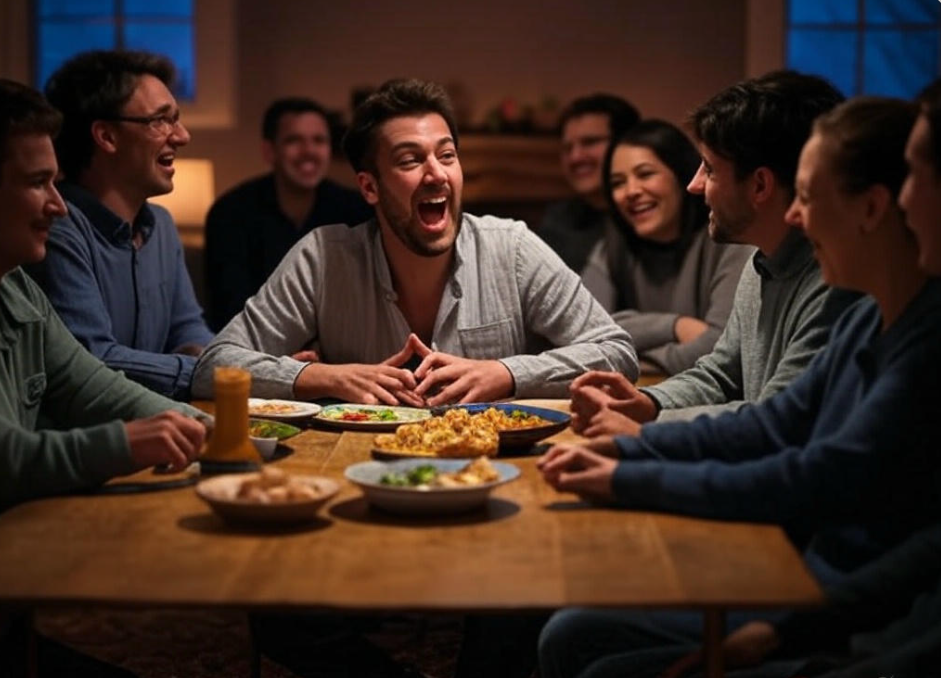 Friends laughing during dinner