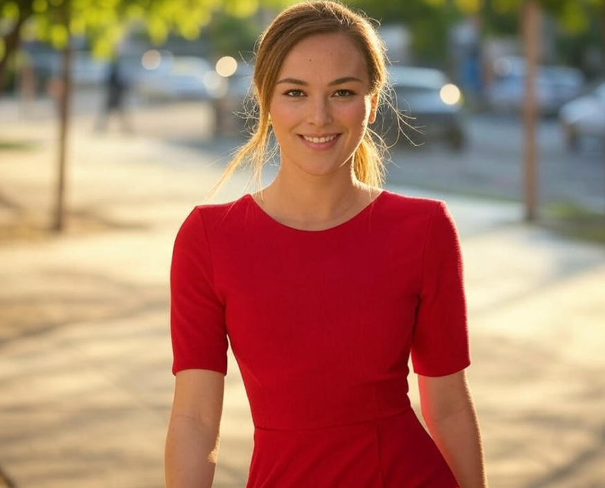 Smiling woman in red
