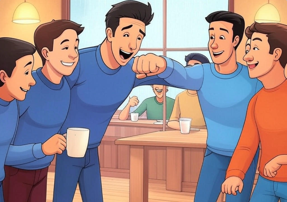 Cartoon friends fist bumping.