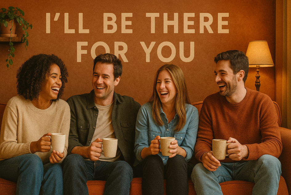 Friends laughing, sharing coffee