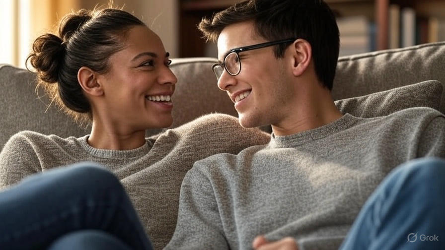 Two people smiling on couch.