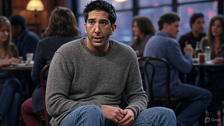 Man sitting in crowded cafe.