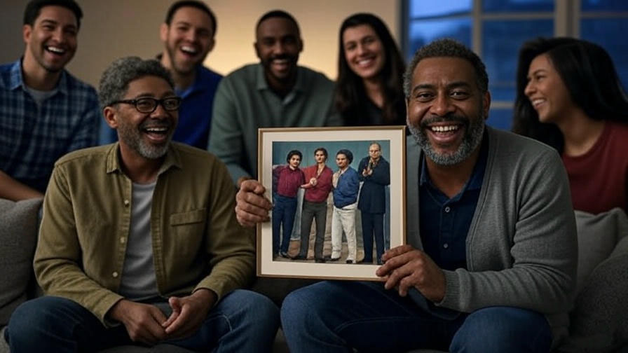 Group laughing, holding photo