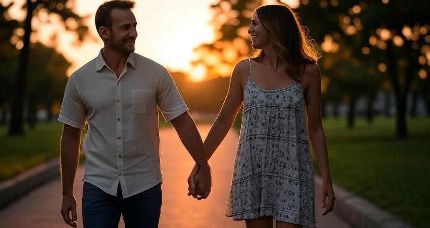 Couple walking hand-in-hand at sunset.