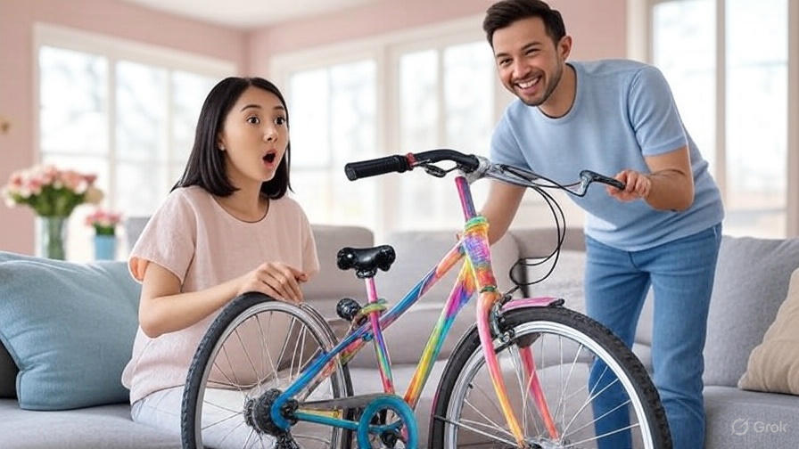 Surprised woman man colorful bike