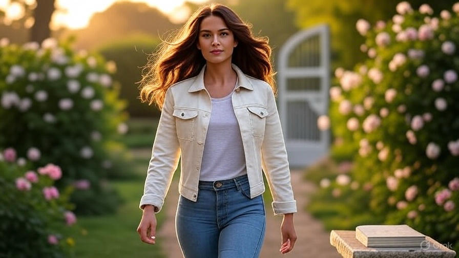 Woman walking in garden.