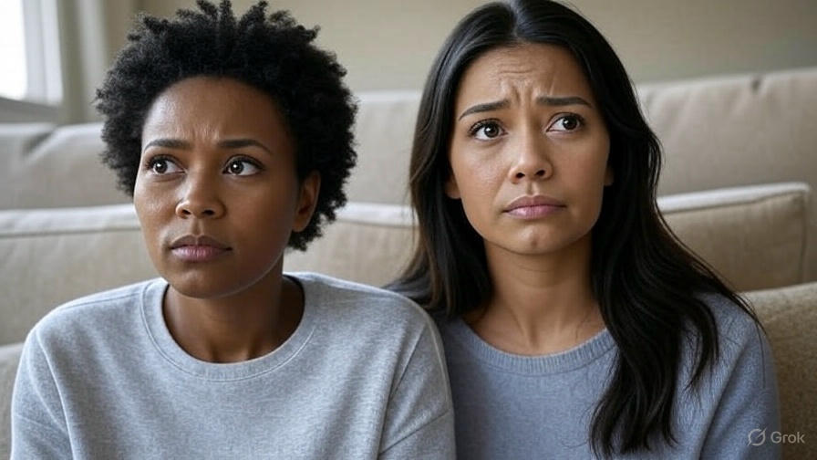 Two women looking worried.