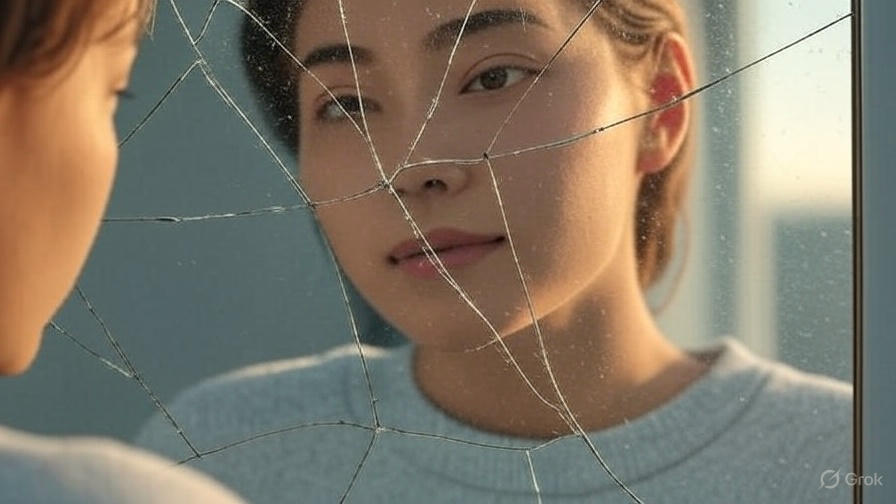 Cracked mirror reflection scene.