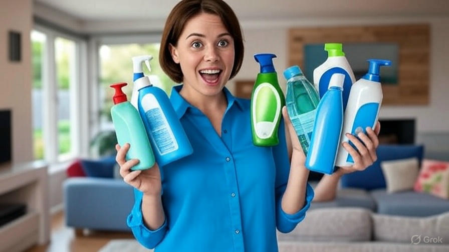 Woman holding cleaning products.