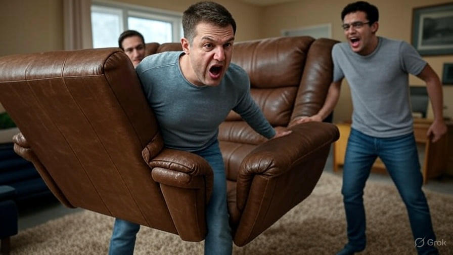 Men moving heavy chair.