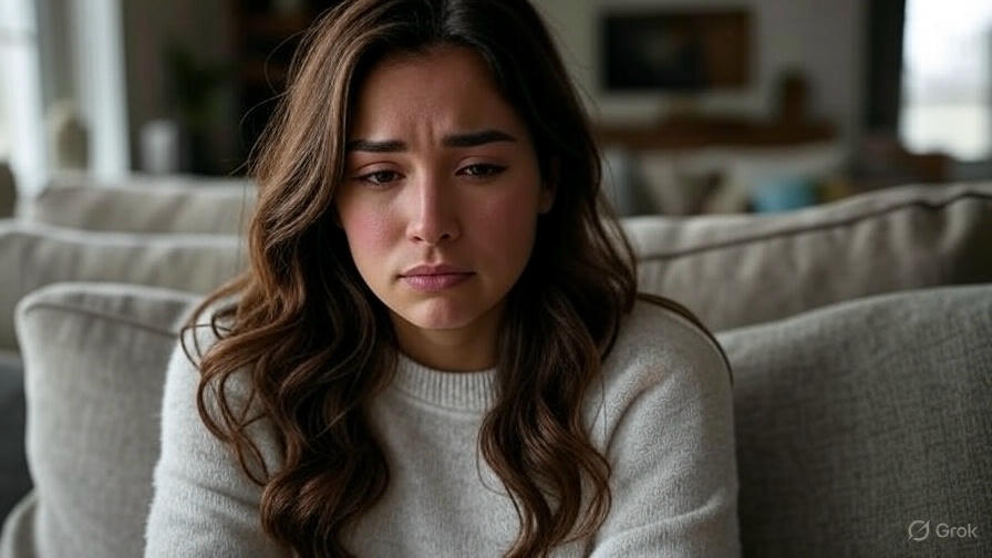 Woman on couch, sad expression.