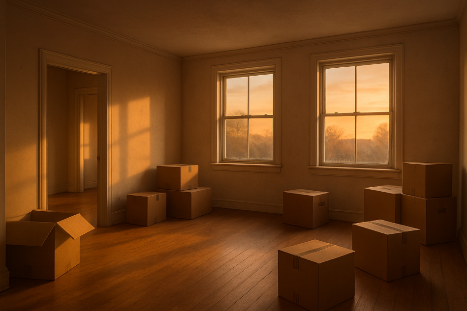 Sunlit room with boxes