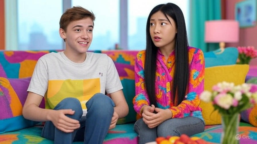 Two people on colorful couch.