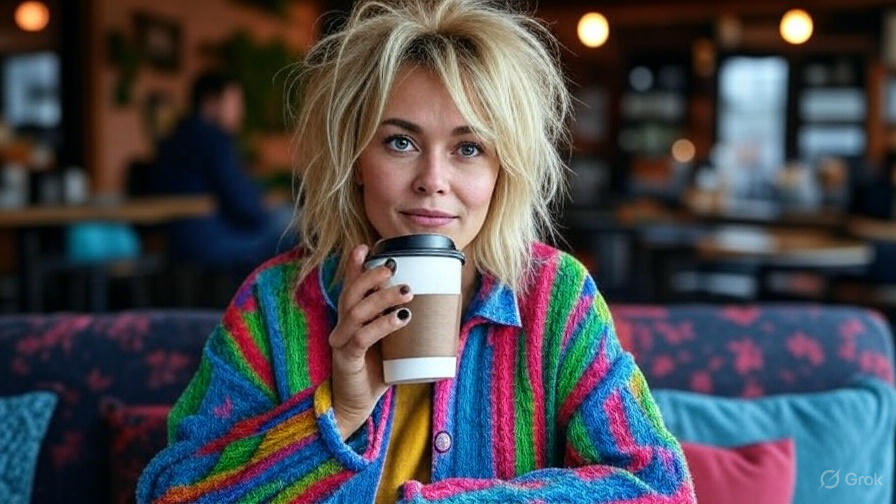Woman in colorful sweater holding coffee cup.