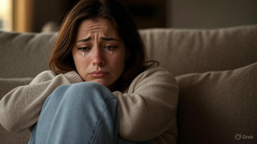 Sad woman on couch.