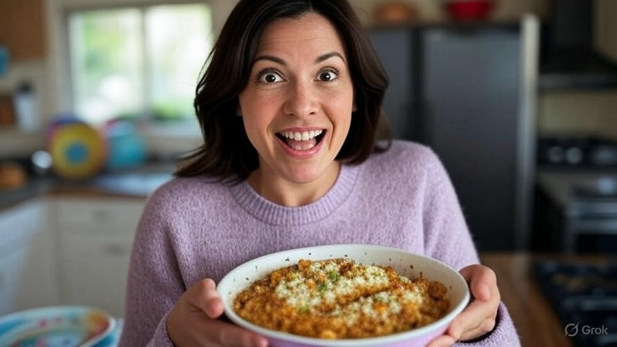 Happy woman holding dish.