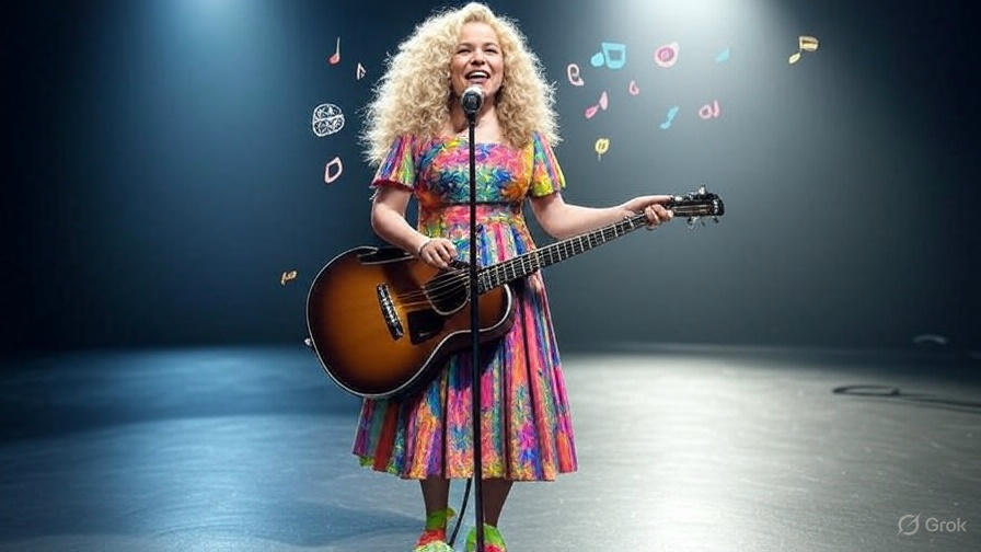 Colorful singer with guitar.