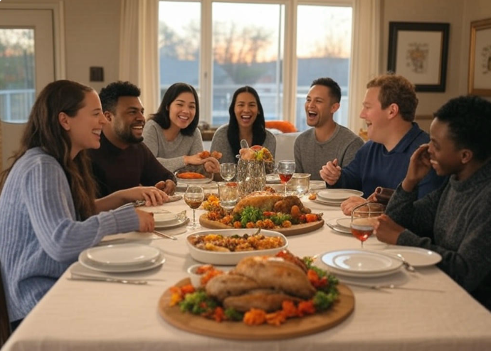 Smiling friends sharing dinner
