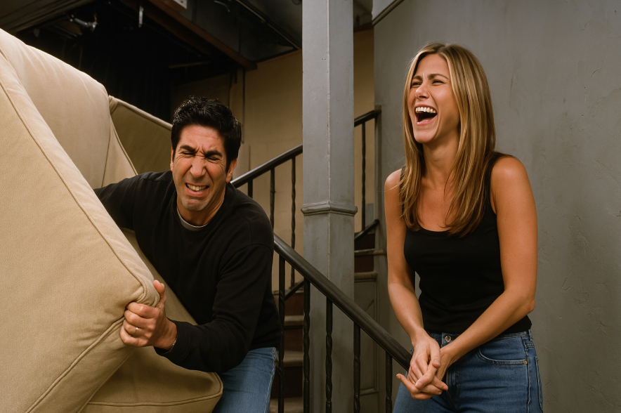 Man struggles with couch, woman laughs