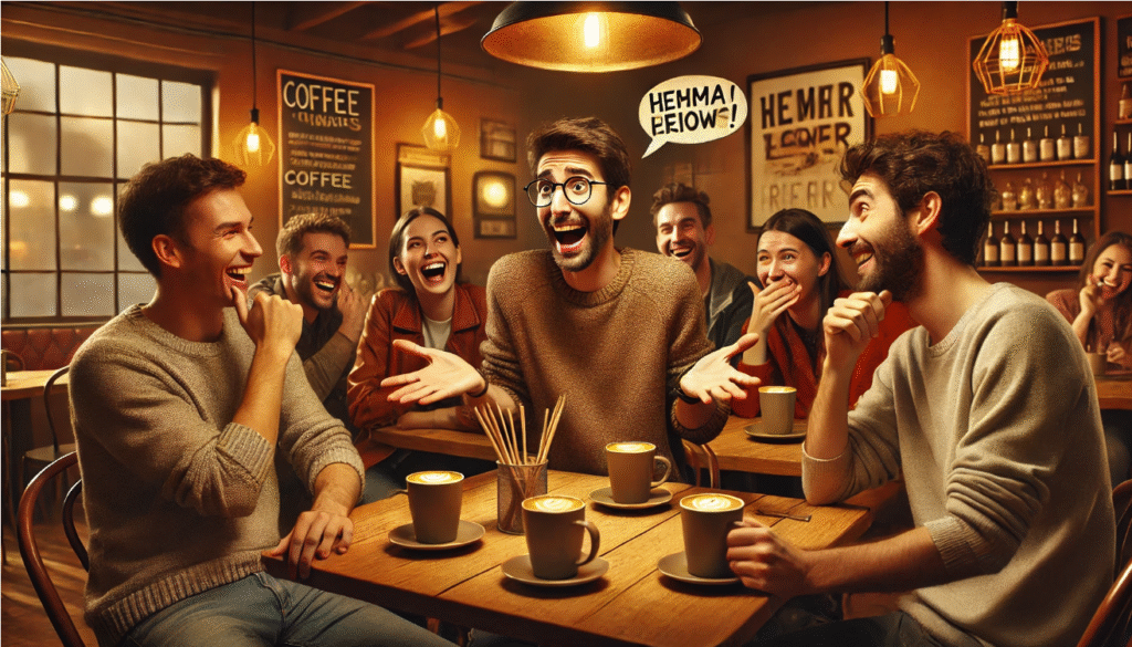 Friends laughing in cozy cafe
