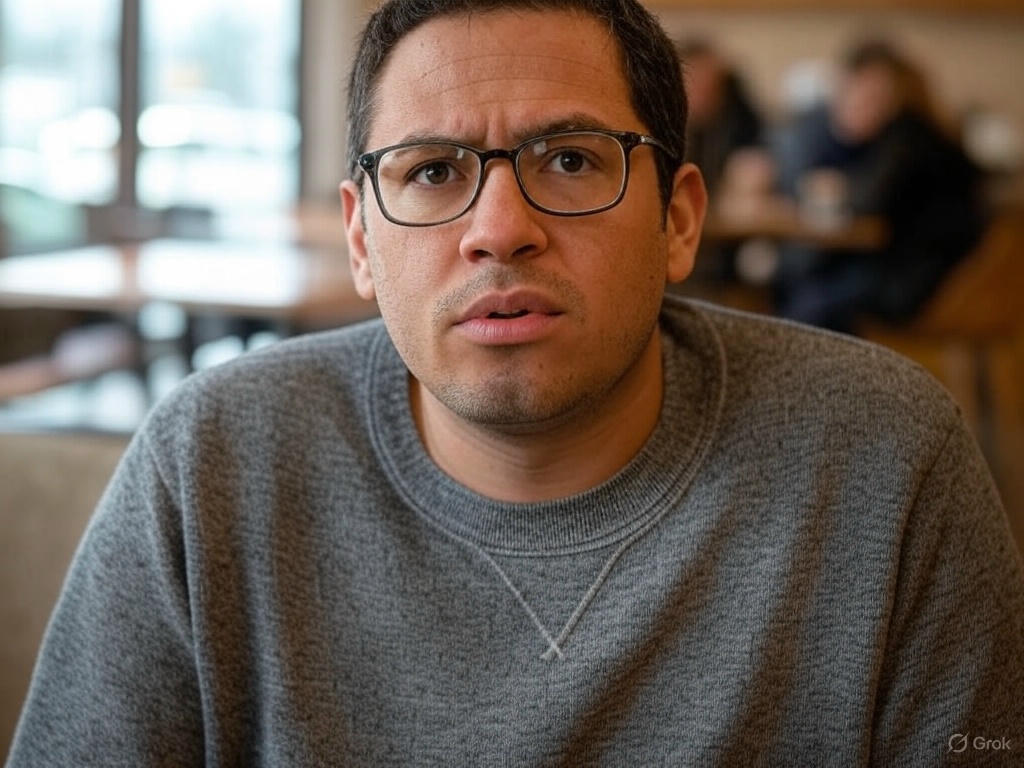 Person in cafe, surprised.