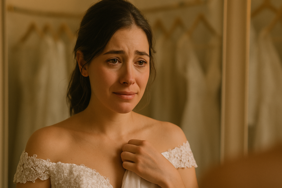 Woman crying in wedding dress