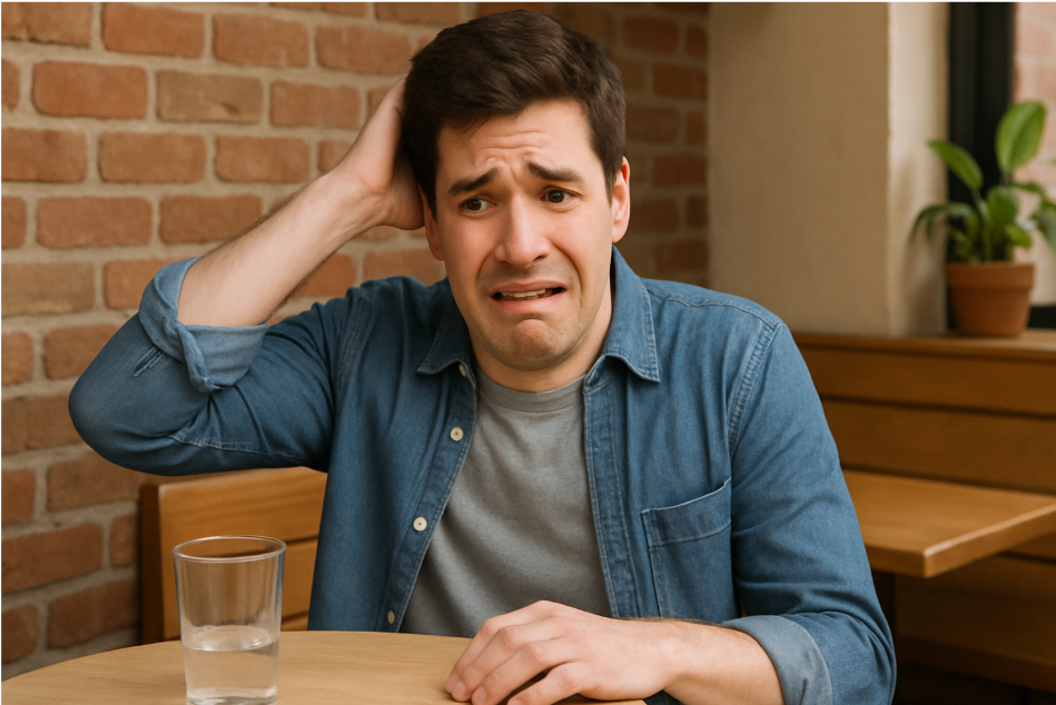 Man stressed at table.