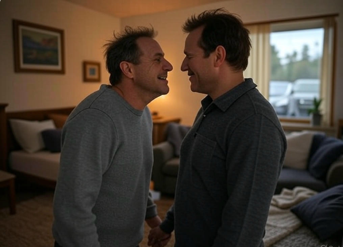 Two men smiling indoors