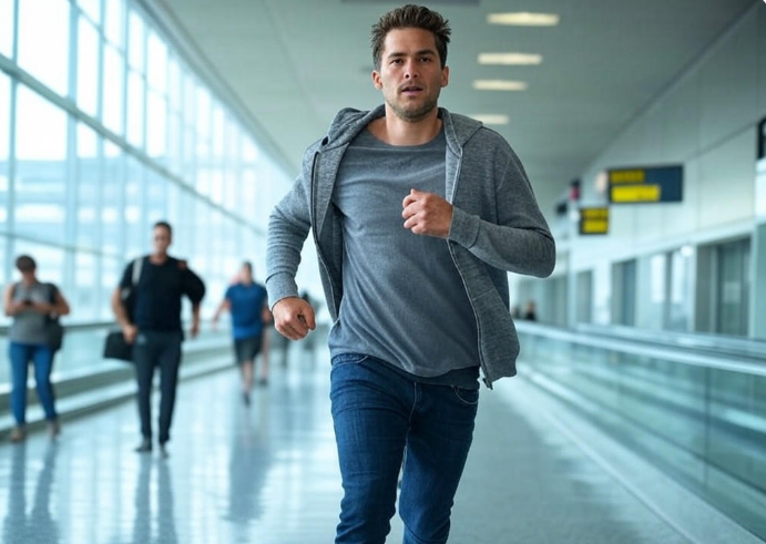 Man running in airport.