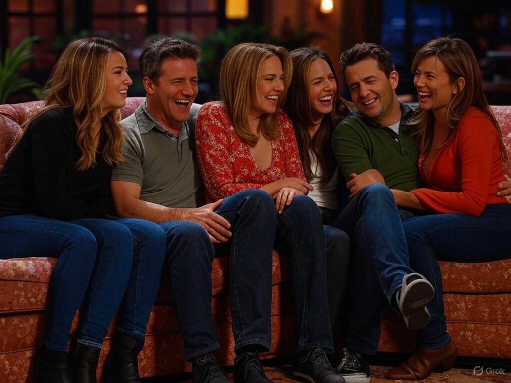 Group laughing on couch.