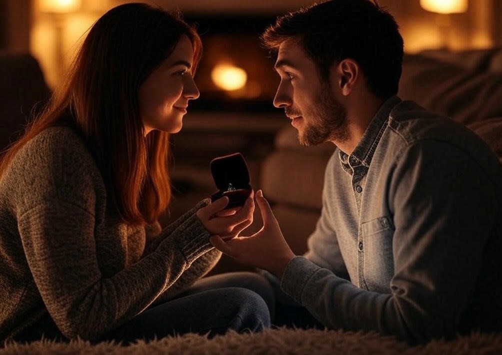 Couple proposing by fireplace.