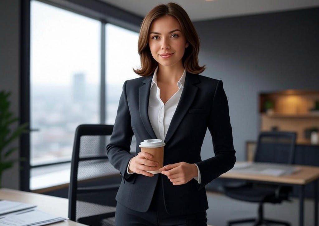 Professional woman with coffee.