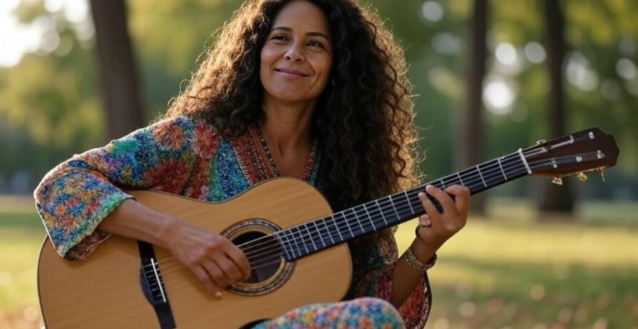 Woman playing guitar outdoors.