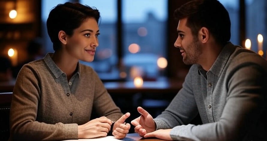Two people conversing warmly.