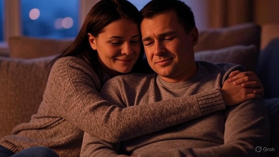 Couple hugging warmly indoors