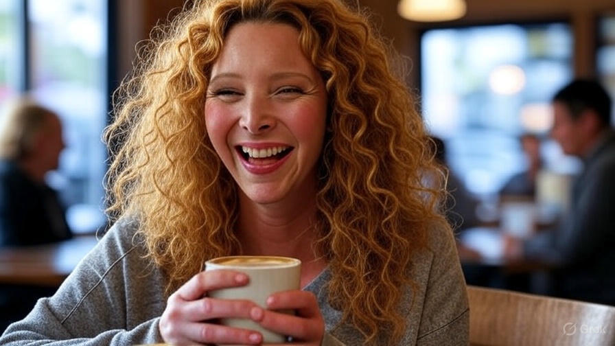 Woman laughing with coffee.
