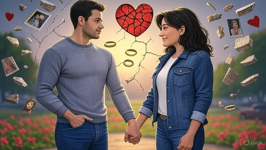 Couple holding hands, broken heart.