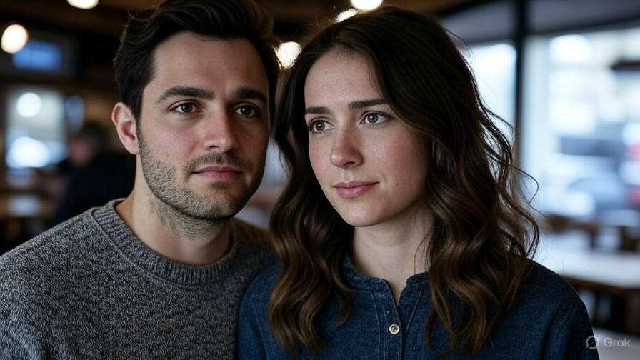 Couple in cozy cafe.
