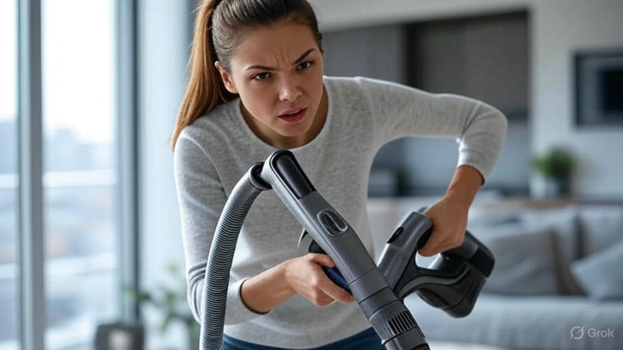 Woman vacuuming modern room.