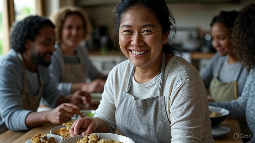 Friends cooking together happily