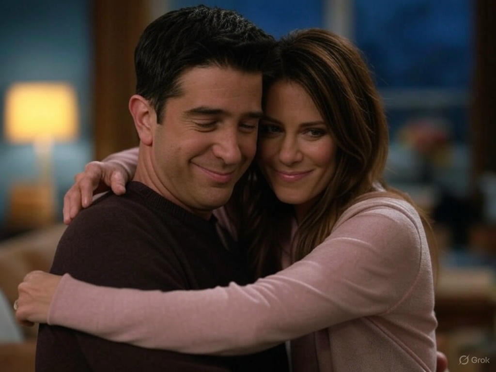 Couple hugging on couch.