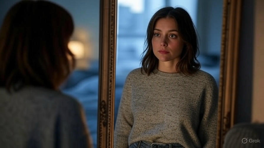 Woman gazing in mirror.