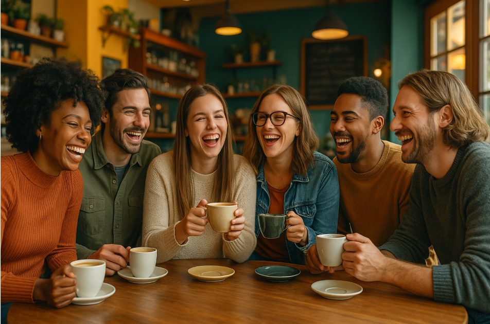 Friends laughing over coffee