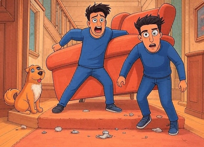 Surprised twins, guilty dog