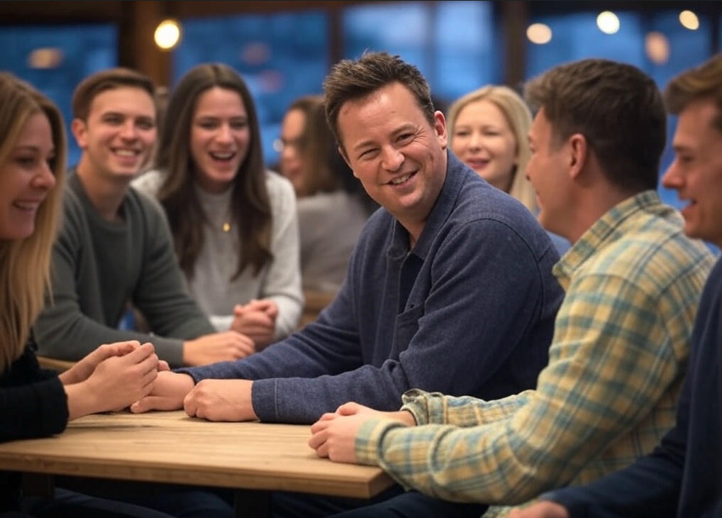 Friends laughing around table